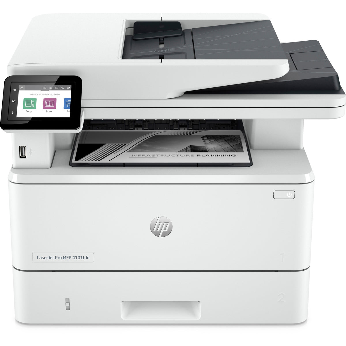 HP LaserJet Pro 4101fdne Laser Multifunction Printer - Monochrome - White - Copier/Fax/Printer/Scanner - 63 ppm Mono Print - 4800 x 600 dpi Print - Automatic Duplex Print - Up to 80000 Pages Monthly - Color Flatbed Scanner - 1200 dpi Optical Scan - M