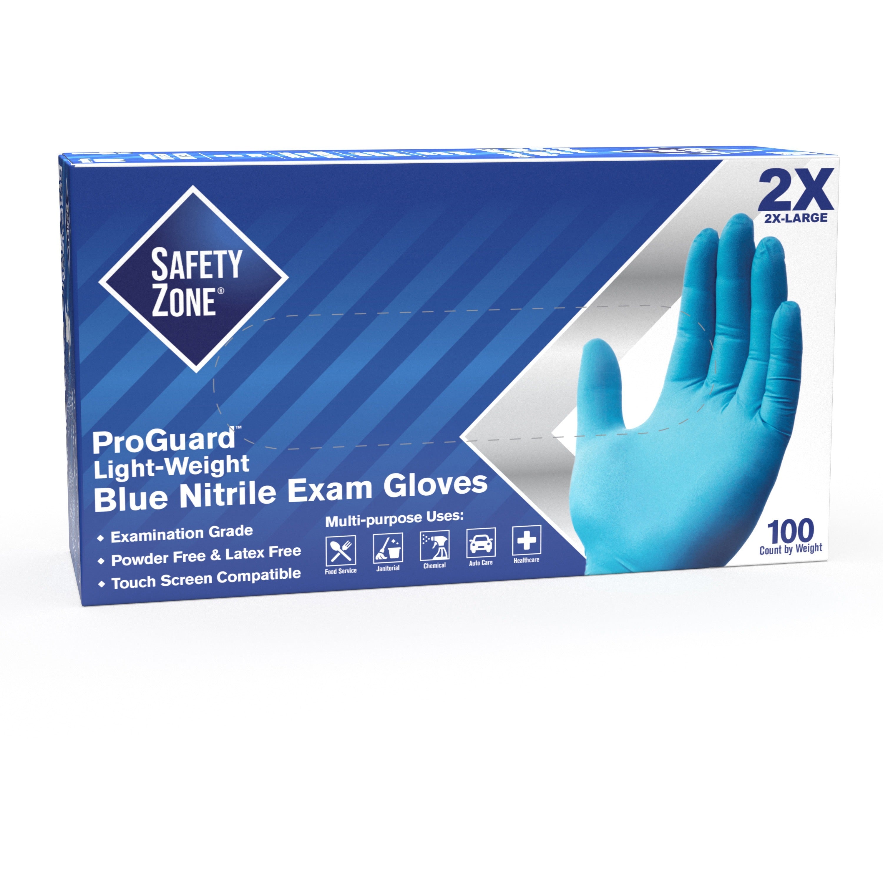 Safety Zone Power-free Ntirile Gloves - Hand Protection - Nitrile Coating - XXL Size - Latex, Vinyl - Blue - Latex-free, DEHP-free, Comfortable, Silicone-free, Textured - For Food Service, Kitchen, Cleaning, Dishwashing, Painting - 100 / Box - 9.65