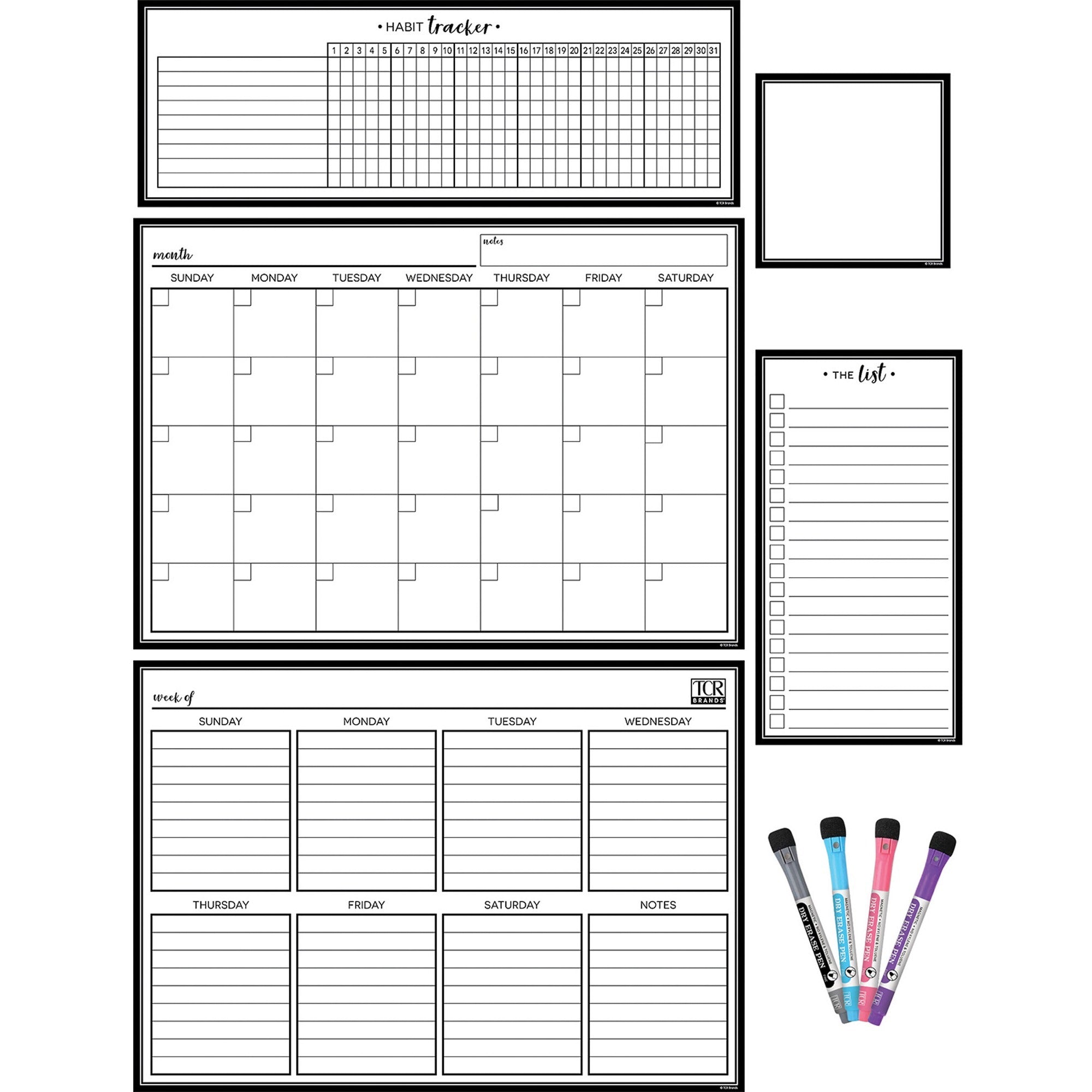 Teacher Created Resources Black & White Dry-Erase Magnetic Calendar Set - Black, White - 1 Pack