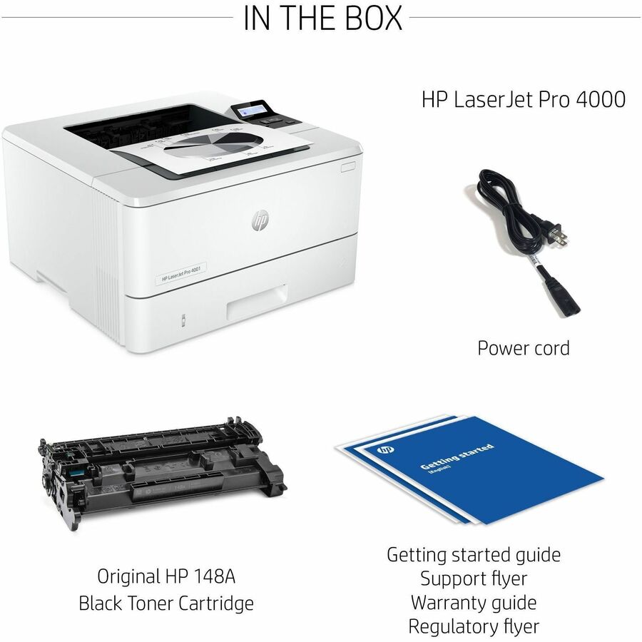 HP LaserJet Pro 4001 4001n Desktop Laser Printer - Monochrome - 63 ppm Mono - 4800 x 600 dpi Print - Manual Duplex Print - 350 Sheets Input - Ethernet - HP Smart App, Apple AirPrint, Mopria - 80000 Pages Duty Cycle - Plain Paper Print - Gigabit Ether