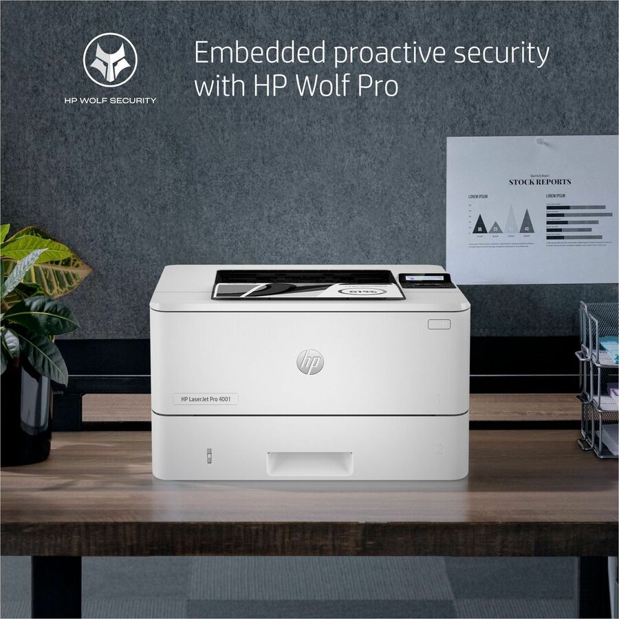 HP LaserJet Pro 4001 4001n Desktop Laser Printer - Monochrome - 63 ppm Mono - 4800 x 600 dpi Print - Manual Duplex Print - 350 Sheets Input - Ethernet - HP Smart App, Apple AirPrint, Mopria - 80000 Pages Duty Cycle - Plain Paper Print - Gigabit Ether