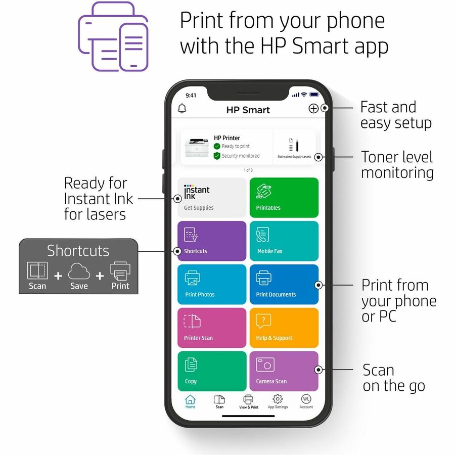 HP LaserJet Pro 4001 4001n Desktop Laser Printer - Monochrome - 63 ppm Mono - 4800 x 600 dpi Print - Manual Duplex Print - 350 Sheets Input - Ethernet - HP Smart App, Apple AirPrint, Mopria - 80000 Pages Duty Cycle - Plain Paper Print - Gigabit Ether