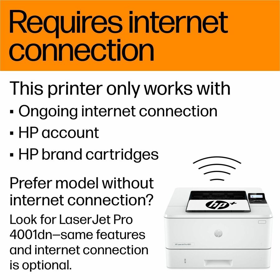 HP LaserJet Pro 4001dne Desktop Wired Laser Printer - Monochrome - 42 ppm Mono - 4800 x 600 dpi Print - Automatic Duplex Print - 350 Sheets Input - Ethernet - 80000 Pages Duty Cycle - Plain Paper Print - Gigabit Ethernet - USB
