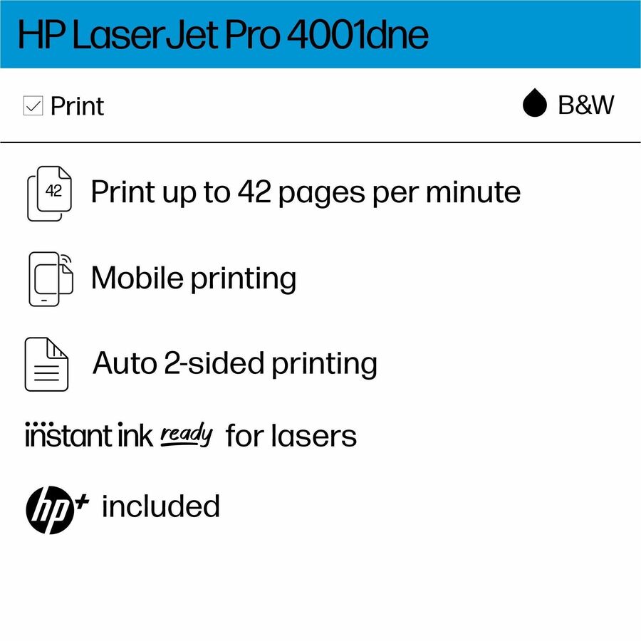 HP LaserJet Pro 4001dne Desktop Wired Laser Printer - Monochrome - 42 ppm Mono - 4800 x 600 dpi Print - Automatic Duplex Print - 350 Sheets Input - Ethernet - 80000 Pages Duty Cycle - Plain Paper Print - Gigabit Ethernet - USB