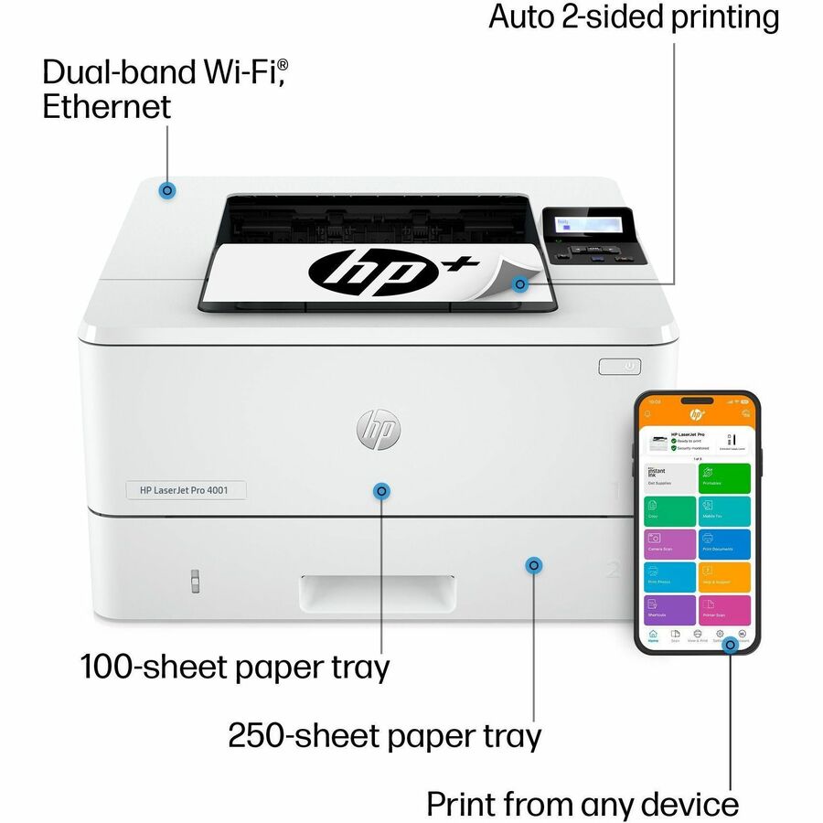 HP LaserJet Pro 4001dwe Desktop Wireless Laser Printer - Monochrome - 42 ppm Mono - 4800 x 600 dpi Print - Automatic Duplex Print - 350 Sheets Input - Ethernet - Wireless LAN - Apple AirPrint, HP Smart App, Mopria, Wi-Fi Direct - 80000 Pages Duty Cyc