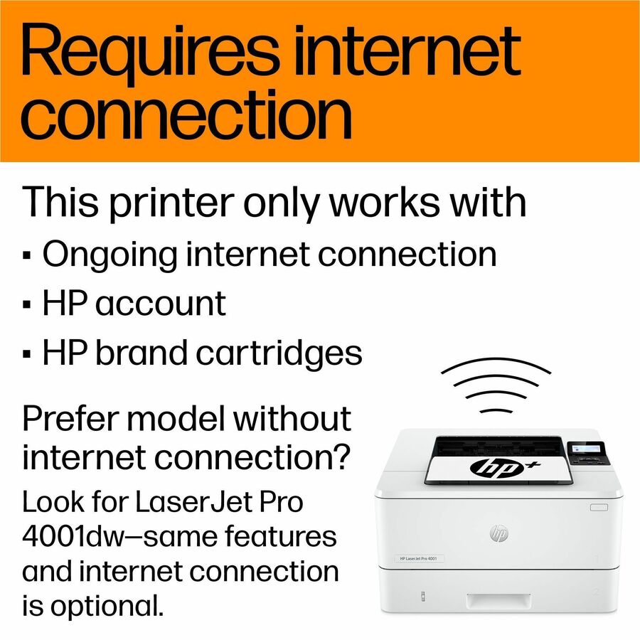 HP LaserJet Pro 4001dwe Desktop Wireless Laser Printer - Monochrome - 42 ppm Mono - 4800 x 600 dpi Print - Automatic Duplex Print - 350 Sheets Input - Ethernet - Wireless LAN - Apple AirPrint, HP Smart App, Mopria, Wi-Fi Direct - 80000 Pages Duty Cyc