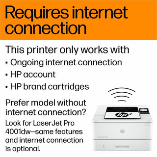 HP LaserJet Pro 4001dwe Desktop Wireless Laser Printer - Monochrome - 42 ppm Mono - 4800 x 600 dpi Print - Automatic Duplex Print - 350 Sheets Input - Ethernet - Wireless LAN - Apple AirPrint, HP Smart App, Mopria, Wi-Fi Direct - 80000 Pages Duty Cyc