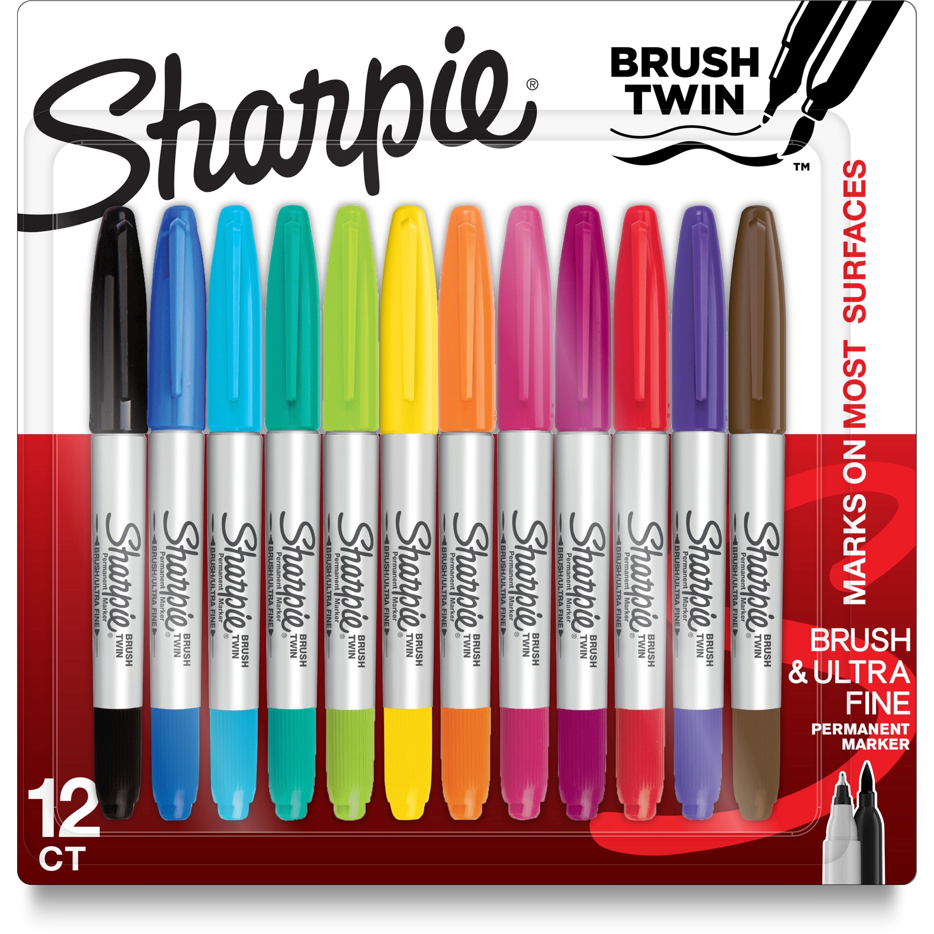Brush Tip Permanent Marker, Twin Tip, Ultra-Fine Needle/Broad Brush Tips, Assorted Colors, 12/Pack