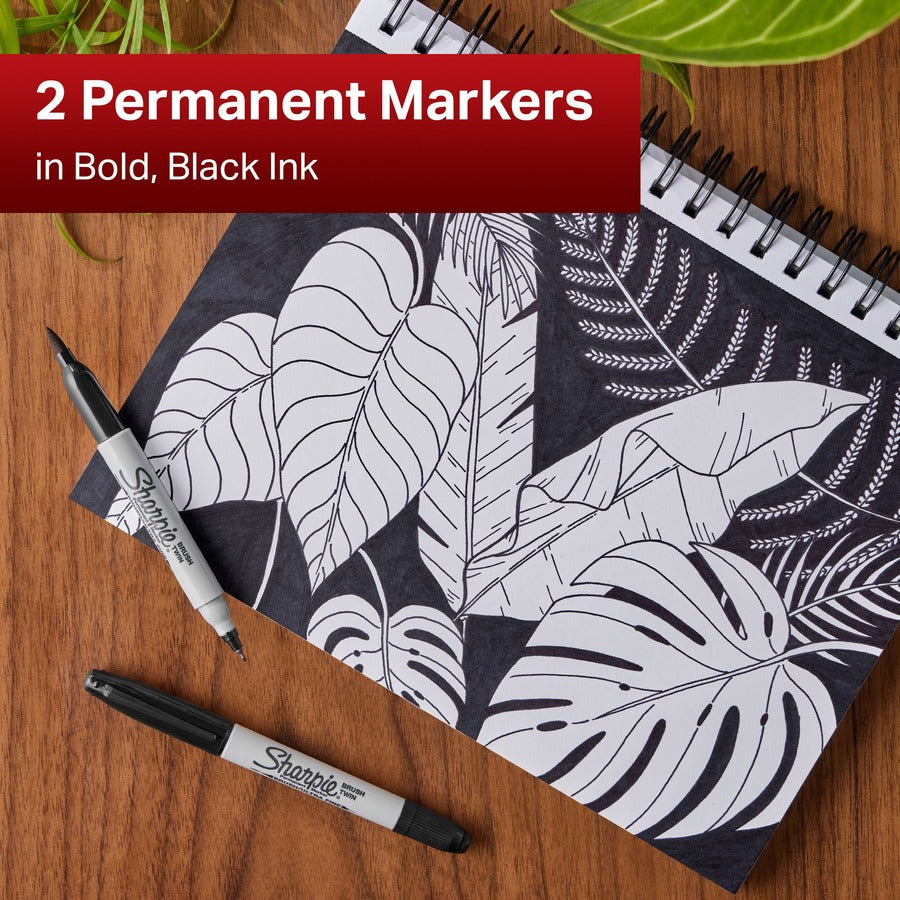 Sharpie Brush Twin Permanent Markers - Ultra Fine Marker Point - Brush Marker Point Style - Black - 2 / Pack