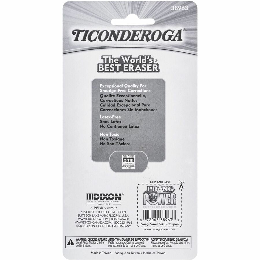 Ticonderoga Pencil-Shaped Erasers - Neon Assorted - Assorted - Pencil - 3 Each - Latex-free, Non-toxic, Smudge-free