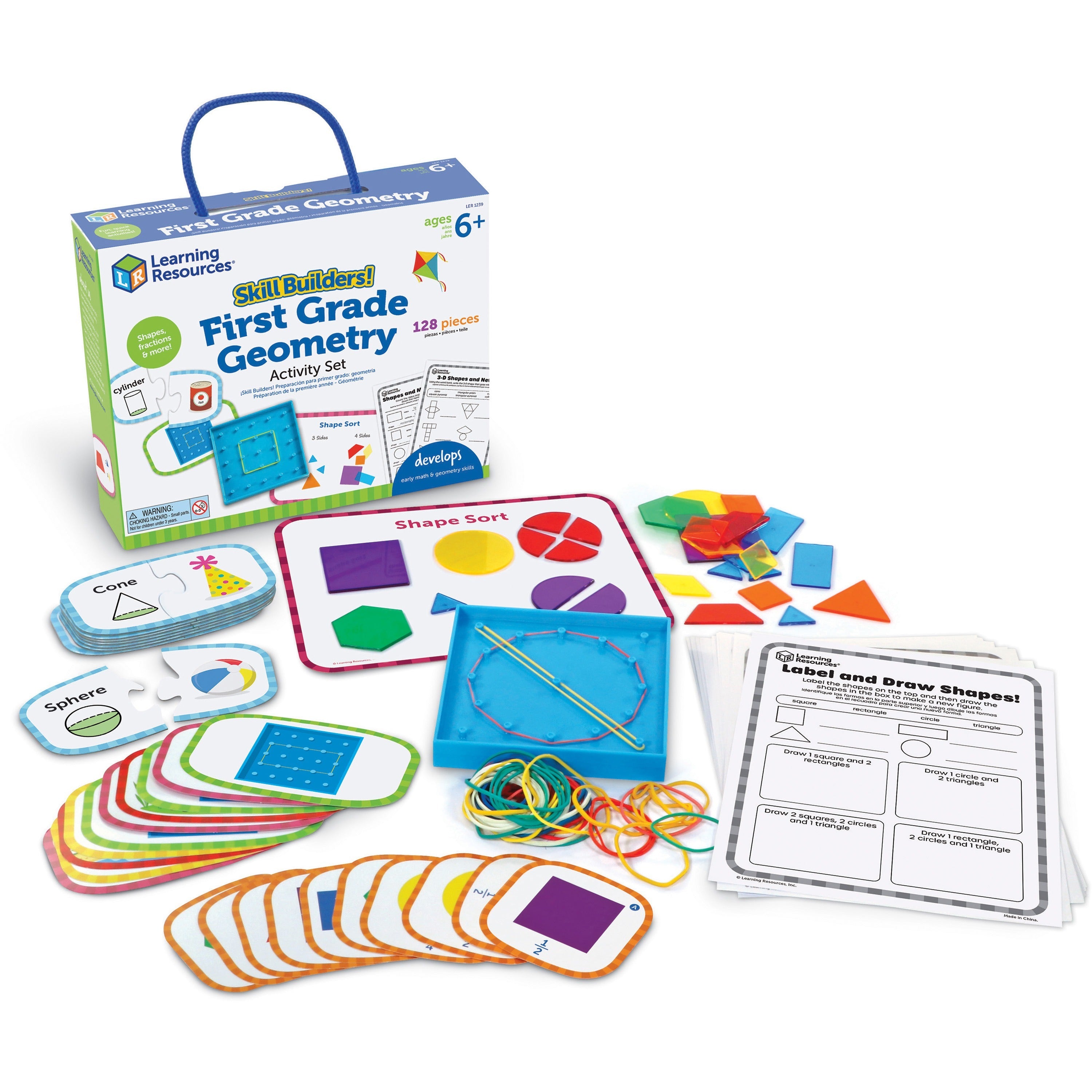 learning-resources-skill-builders!-first-grade-geometry-activity-set-theme-subject-fun-skill-learning-geometry-shape-fraction-128-pieces-6-10-year-1-each_lrnler1239 - 1
