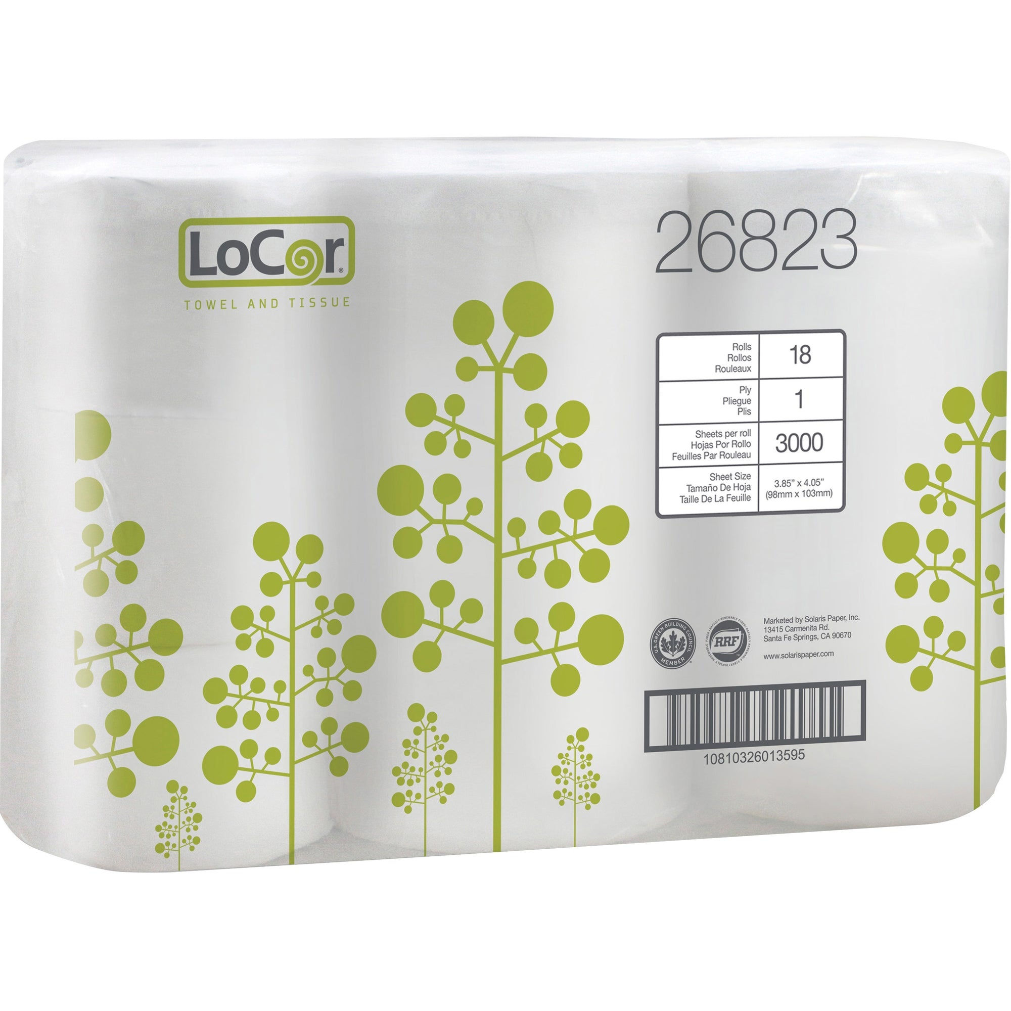 LoCor High-Capacity Bath Tissue - 1 Ply - 3.85" x 4.05" - 3000 Sheets/Roll - White - Single Ply, Embossed - For Bathroom, Home, Residential - 18 Rolls Per Container - 6 / Box