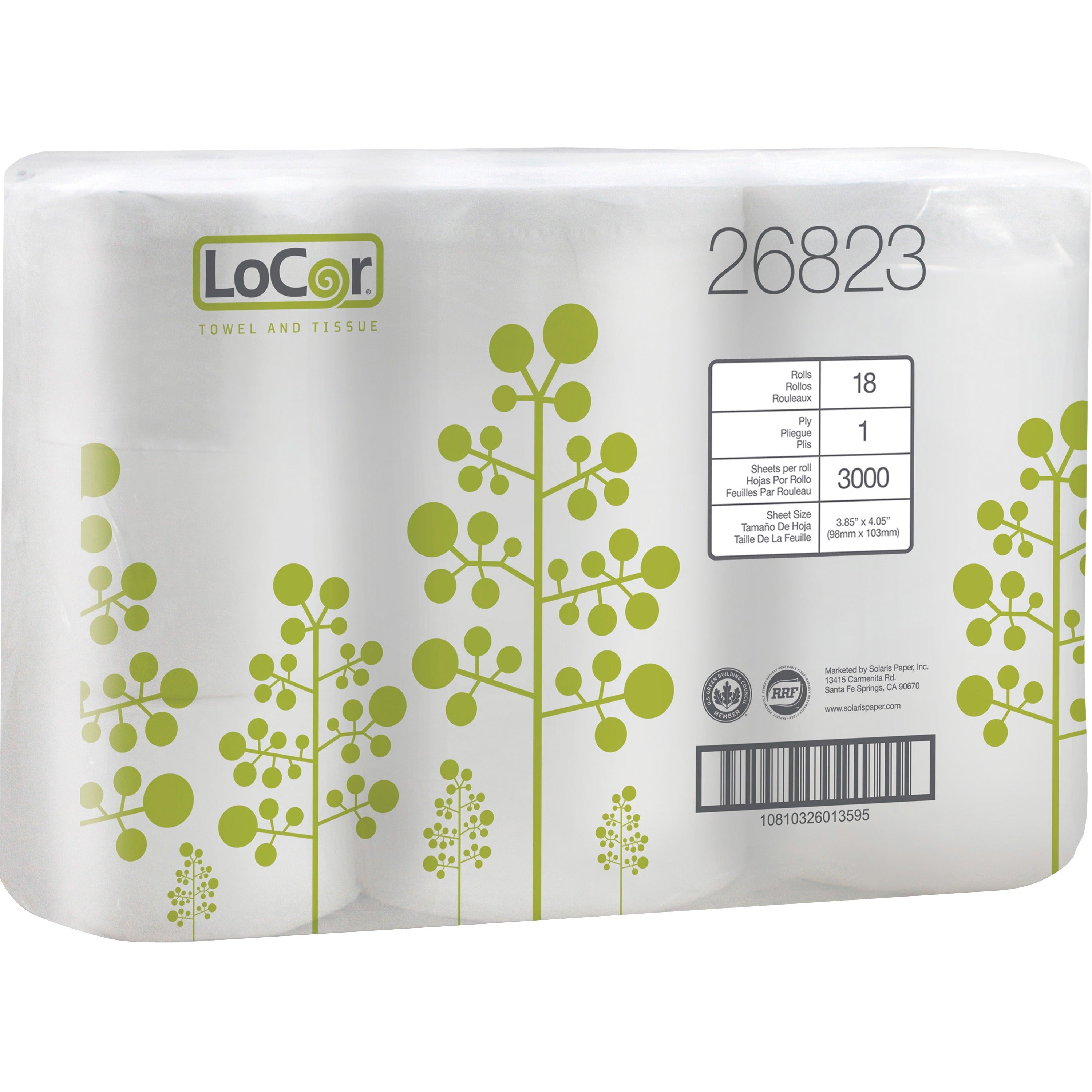 LoCor High-Capacity Bath Tissue - 1 Ply - 3.85" x 4.05" - 3000 Sheets/Roll - White - Single Ply, Embossed - For Bathroom, Home, Residential - 18 Rolls Per Container - 6 / Box