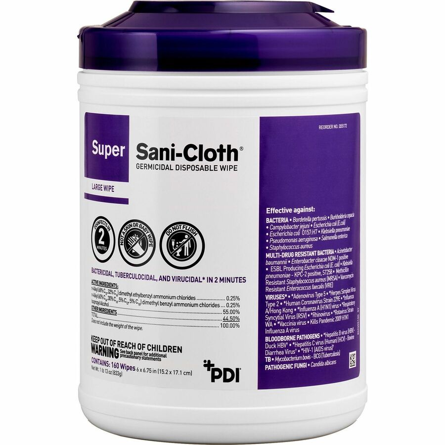 pdi-super-sani-cloth-germicidal-disposable-wipe-675-length-x-6-width-160-can-12-carton-disposable-disinfectant-deodorize-latex-free-bleach-free-virucidal-fungicide-strong-pre-moistened-antimicrobial_pdiq55172ct - 2