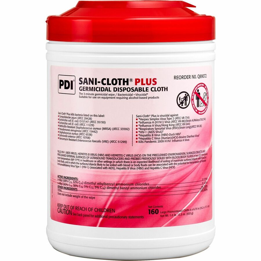 pdi-sani-cloth-plus-germicidal-disposable-cloth-675-length-x-6-width-160-canister-12-carton-disposable-disinfectant-deodorize-fungicide-virucidal-bactericide-latex-free-bleach-free-pre-moistened-antimicrobial-white_pdiq89072ct - 2