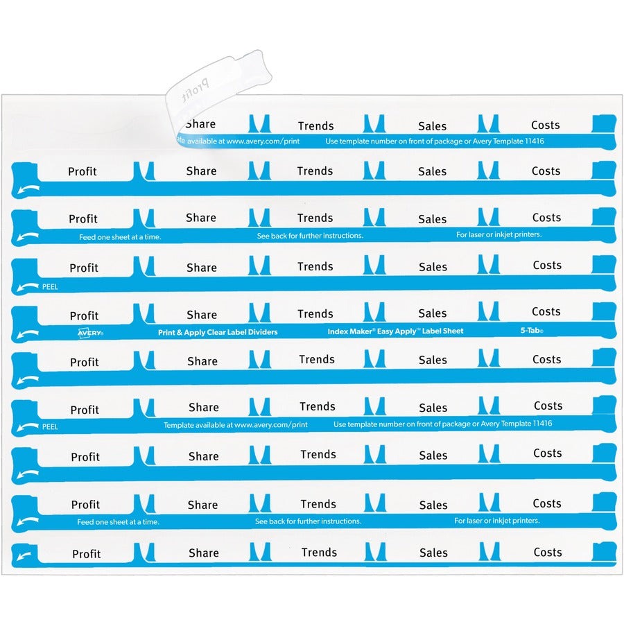 Avery 5 Tab Easy Print & Apply Clear Label Sheet Refills (11225) - Inkjet, Laser - Clear - 30 / Sheet - 3 Total Sheets - 30 / Pack