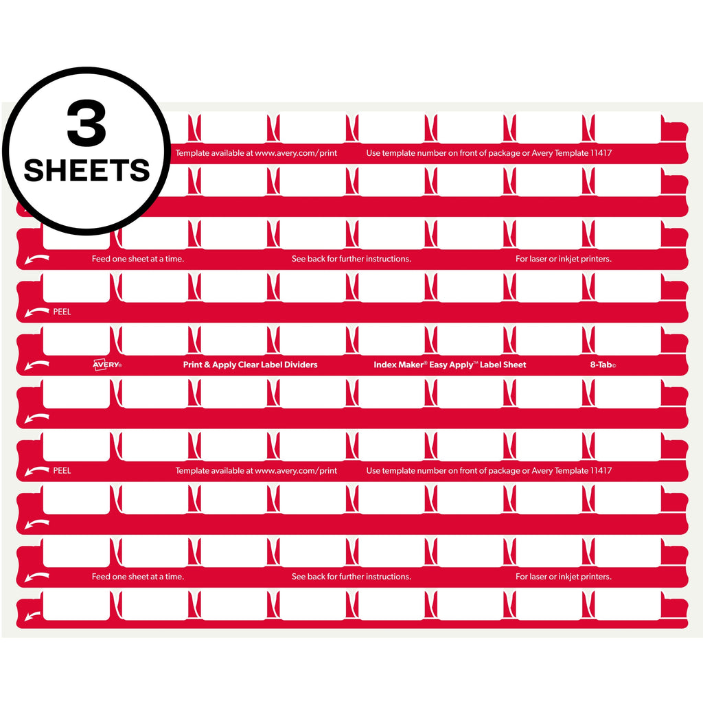 Avery 8 Tab Easy Print & Apply Clear Label Sheet Refills (11226) - Inkjet, Laser - Clear - Plastic - 3 Total Sheets - 30 / Pack