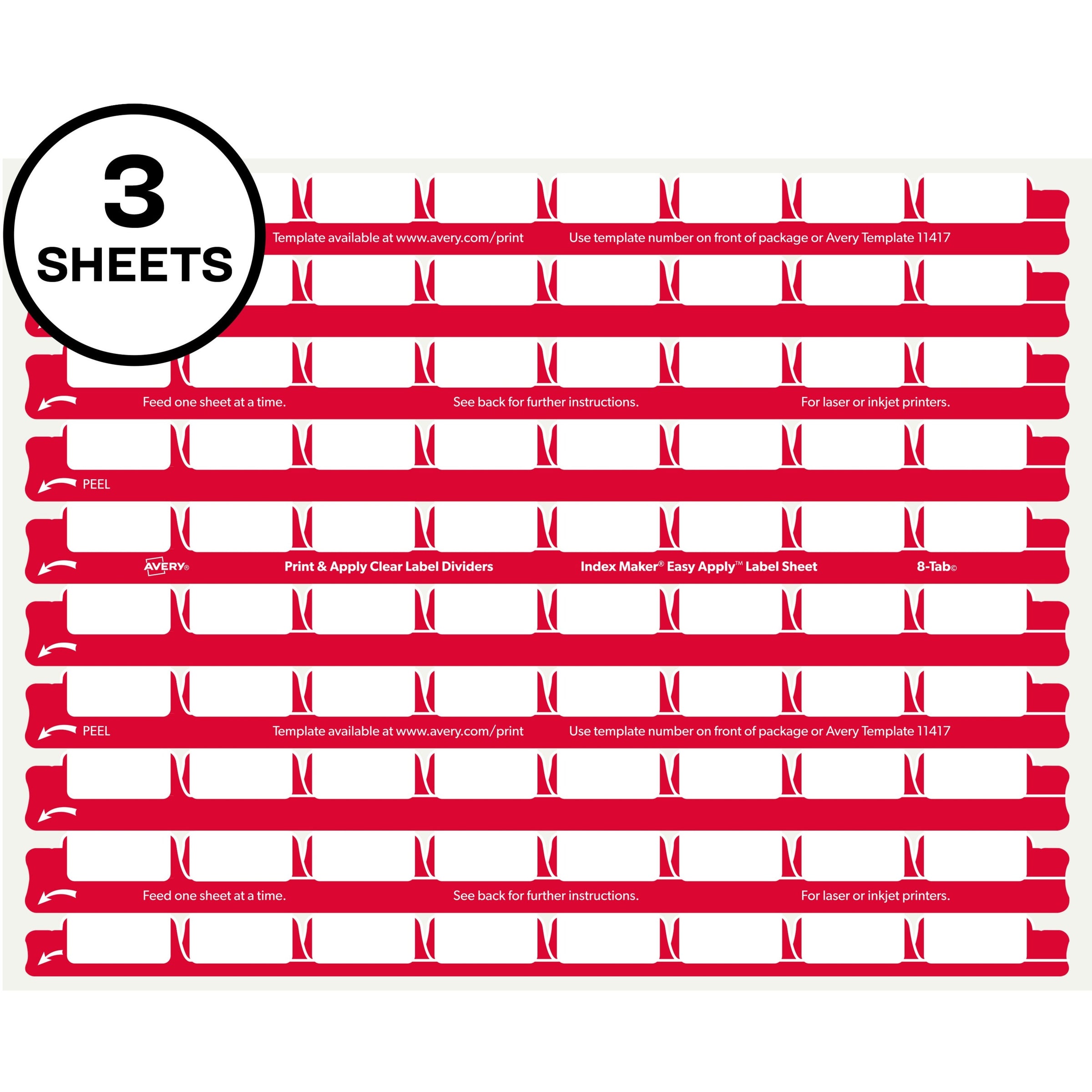 Avery 8 Tab Easy Print & Apply Clear Label Sheet Refills (11226) - Inkjet, Laser - Clear - Plastic - 3 Total Sheets - 30 / Pack