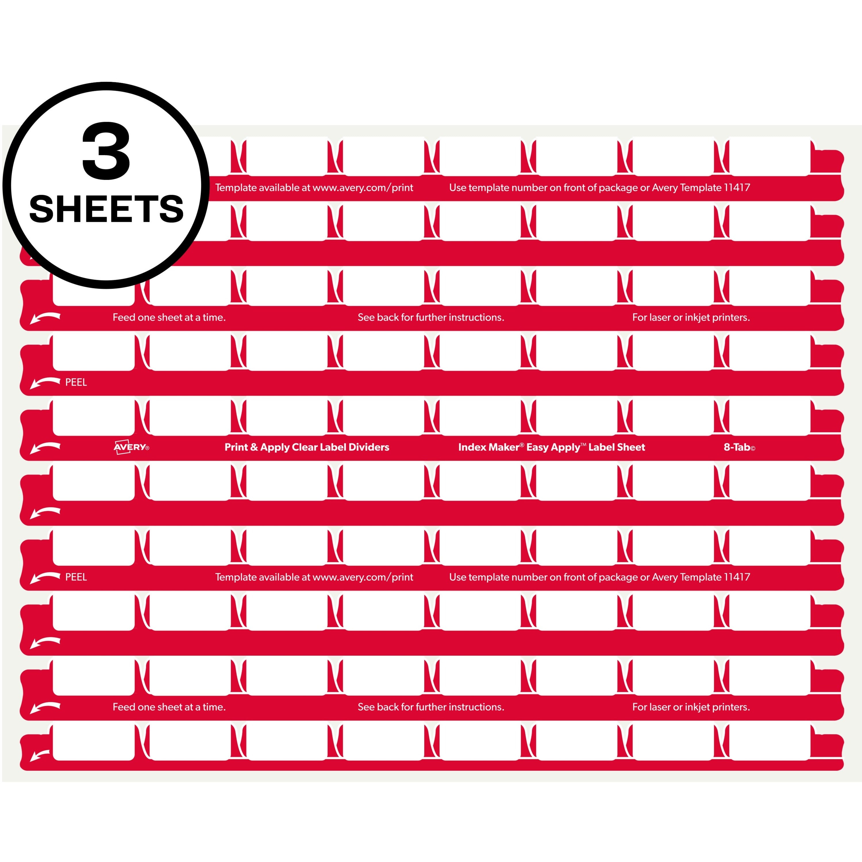 Avery 8 Tab Easy Print & Apply Clear Label Sheet Refills (11226) - Inkjet, Laser - Clear - Plastic - 3 Total Sheets - 30 / Pack