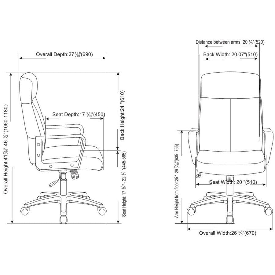 Lorell High-Back Bonded Leather Chair - Black Bonded Leather Seat - Black Bonded Leather Back - High Back - Armrest - 1 Each