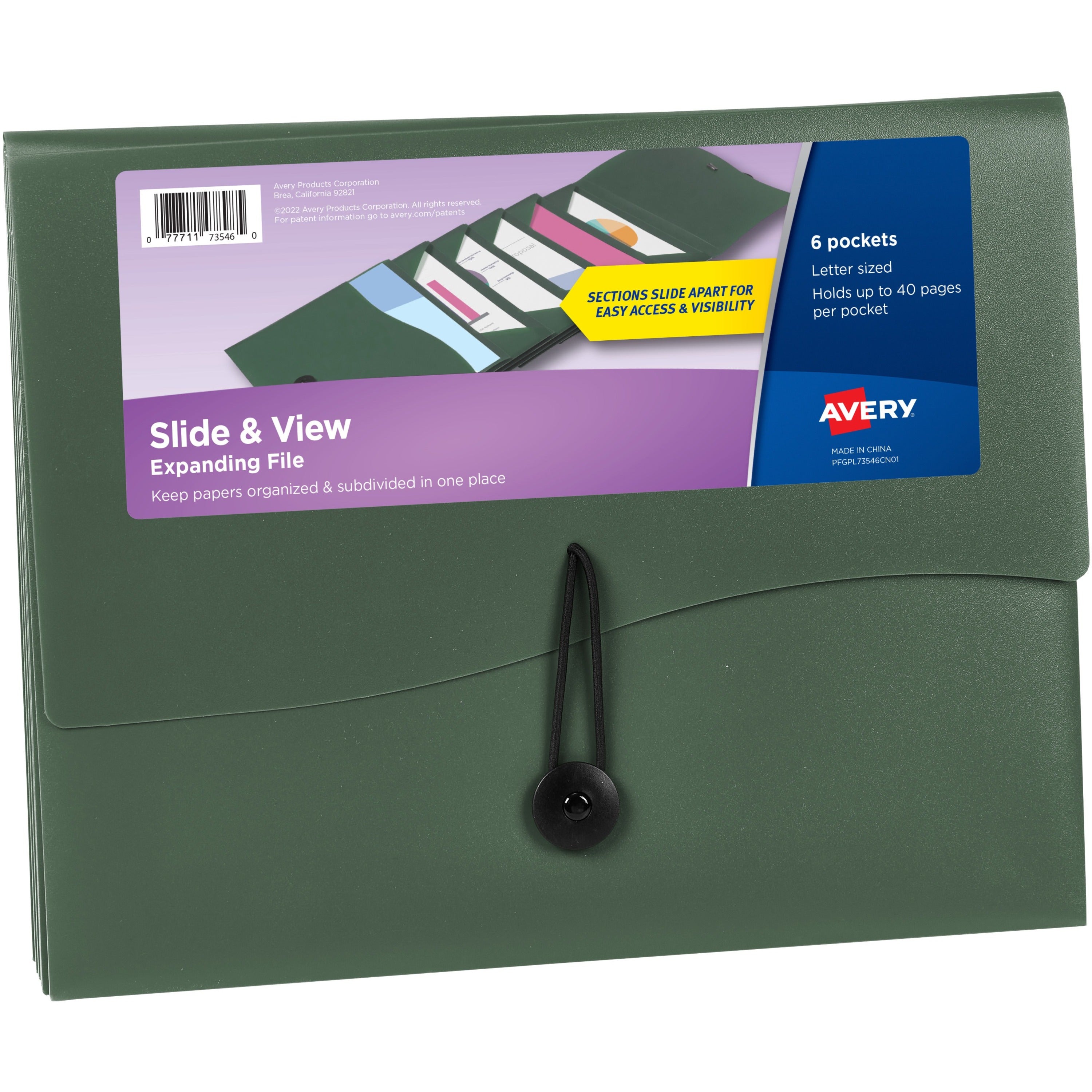 Avery Slide & View Letter Organizer Folder - 8 1/2" x 11" - 40 Sheet Capacity - 6 Pocket(s) - Plastic, Poly, Polypropylene - Sage - 1 Each