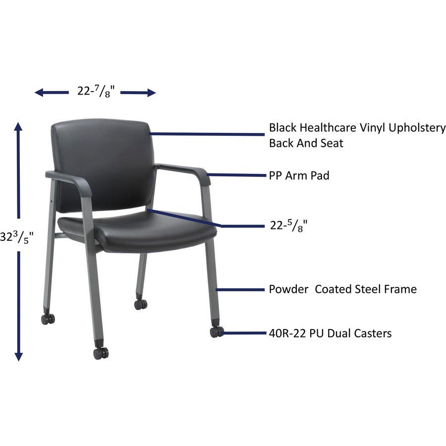 Lorell Healthcare Upholstery Guest Chair with Casters - Vinyl Seat - Vinyl Back - Steel Frame - Square Base - Black - Armrest - 1 Each