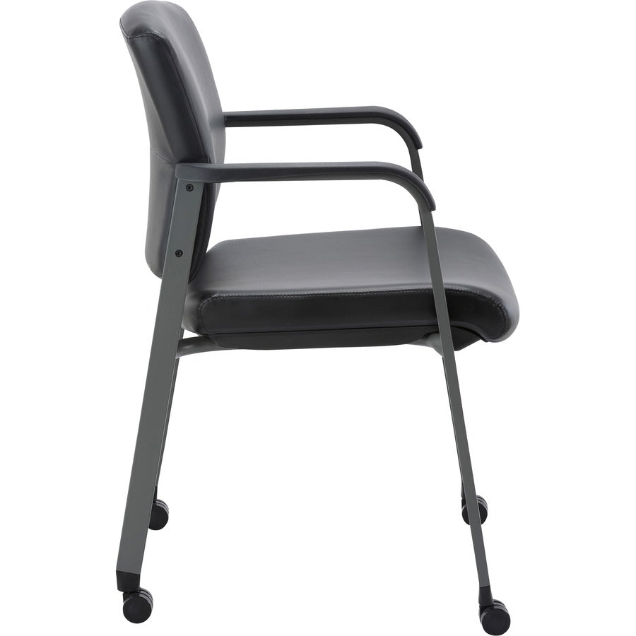 Lorell Healthcare Upholstery Guest Chair with Casters - Vinyl Seat - Vinyl Back - Steel Frame - Square Base - Black - Armrest - 1 Each