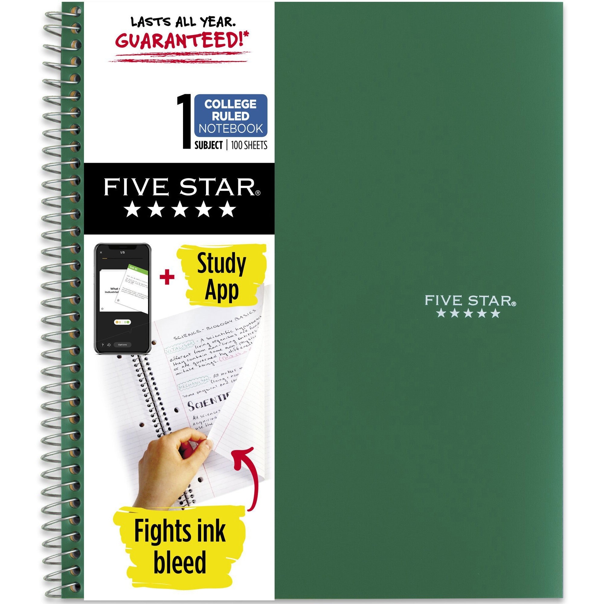 five-star-wirebound-notebook-1-subjects-100-sheets-100-pages-wire-bound-letter-8-1-2-x-11-forest-greenplastic-cover-double-sided-sheet-bleed-resistant-perforated-storage-pocket-water-resistant-spiral-lock-snag-resistant-rec_mea820002ce1 - 1