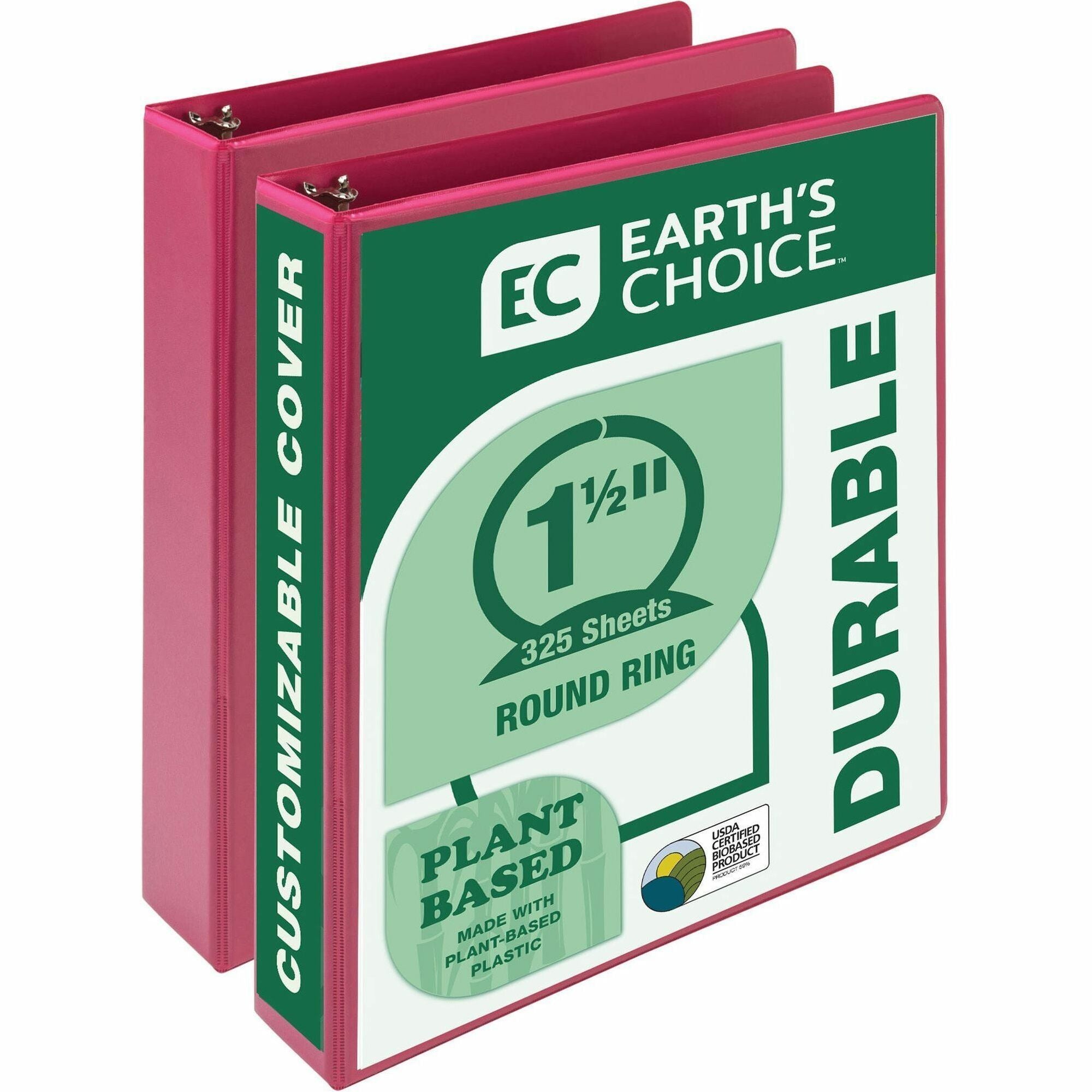 Earth's Choice Plant-Based Economy Round Ring View Binders, 3 Rings, 1.5" Capacity, 11 x 8.5, Pink, 2/Pack