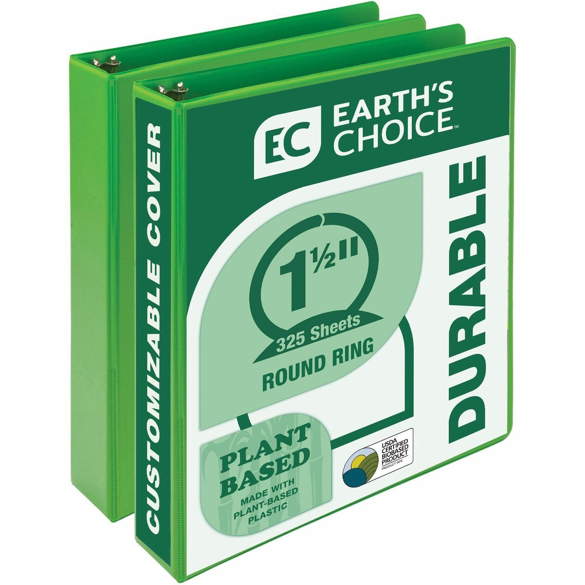 Earth's Choice Plant-Based Economy Round Ring View Binders, 3 Rings, 1.5" Capacity, 11 x 8.5, Lime, 2/Pack