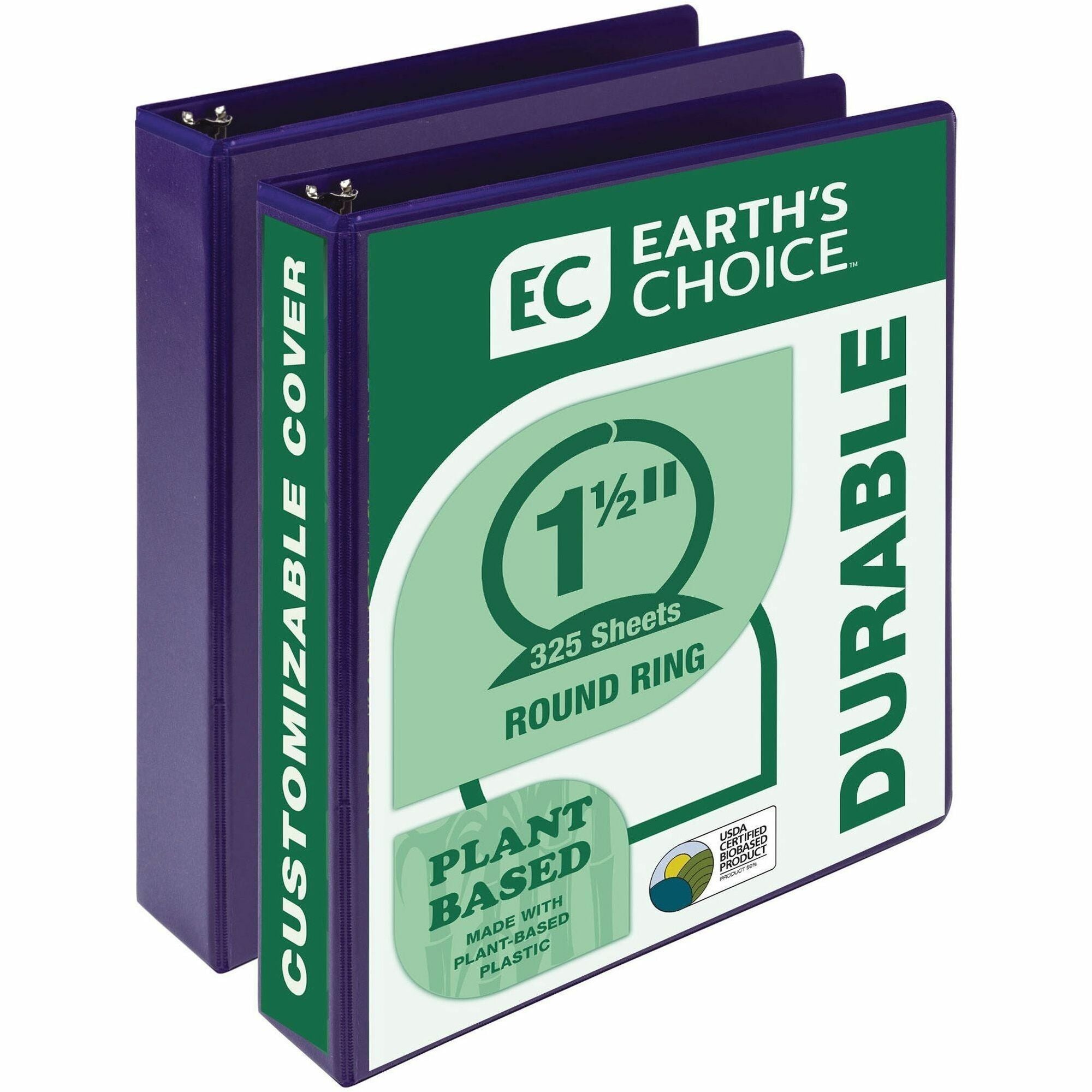 Earth's Choice Plant-Based Economy Round Ring View Binders, 3 Rings, 1.5" Capacity, 11 x 8.5, Purple, 2/Pack