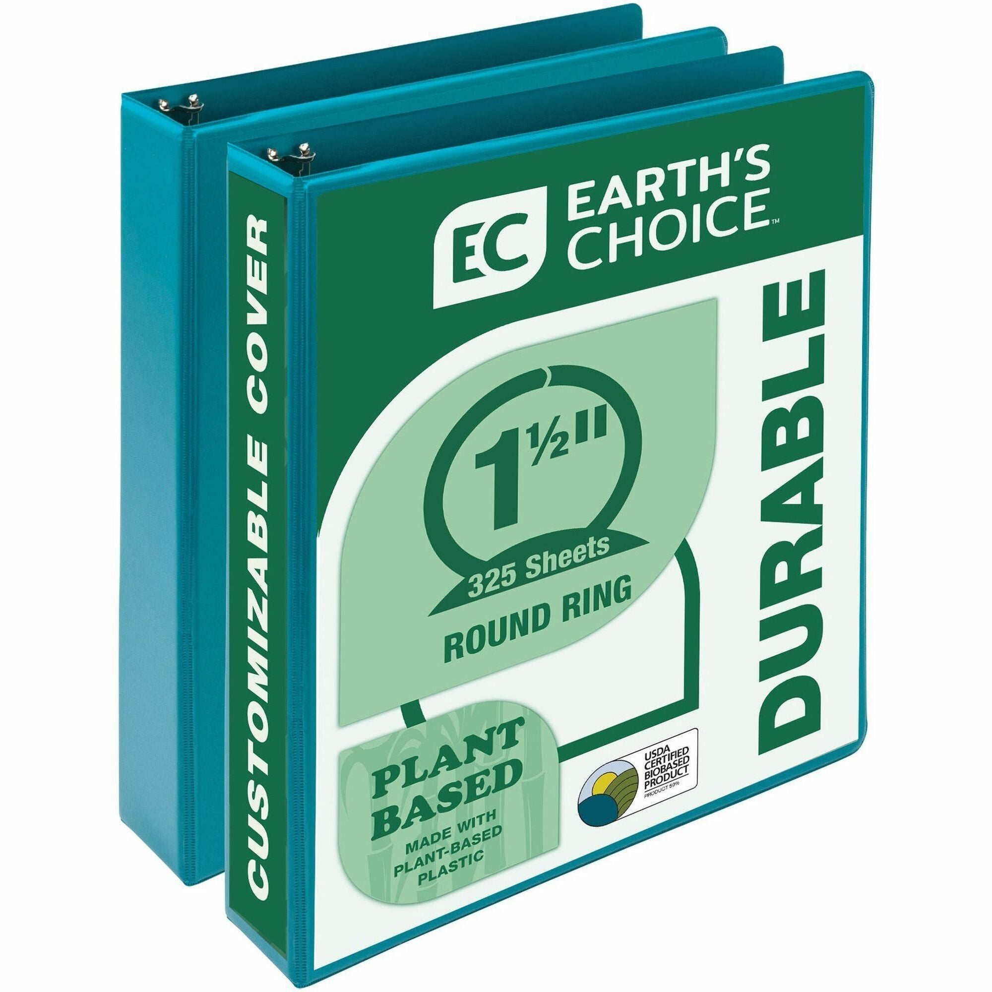 Earth's Choice Plant-Based Economy Round Ring View Binders, 3 Rings, 1.5" Capacity, 11 x 8.5, Teal, 2/Pack