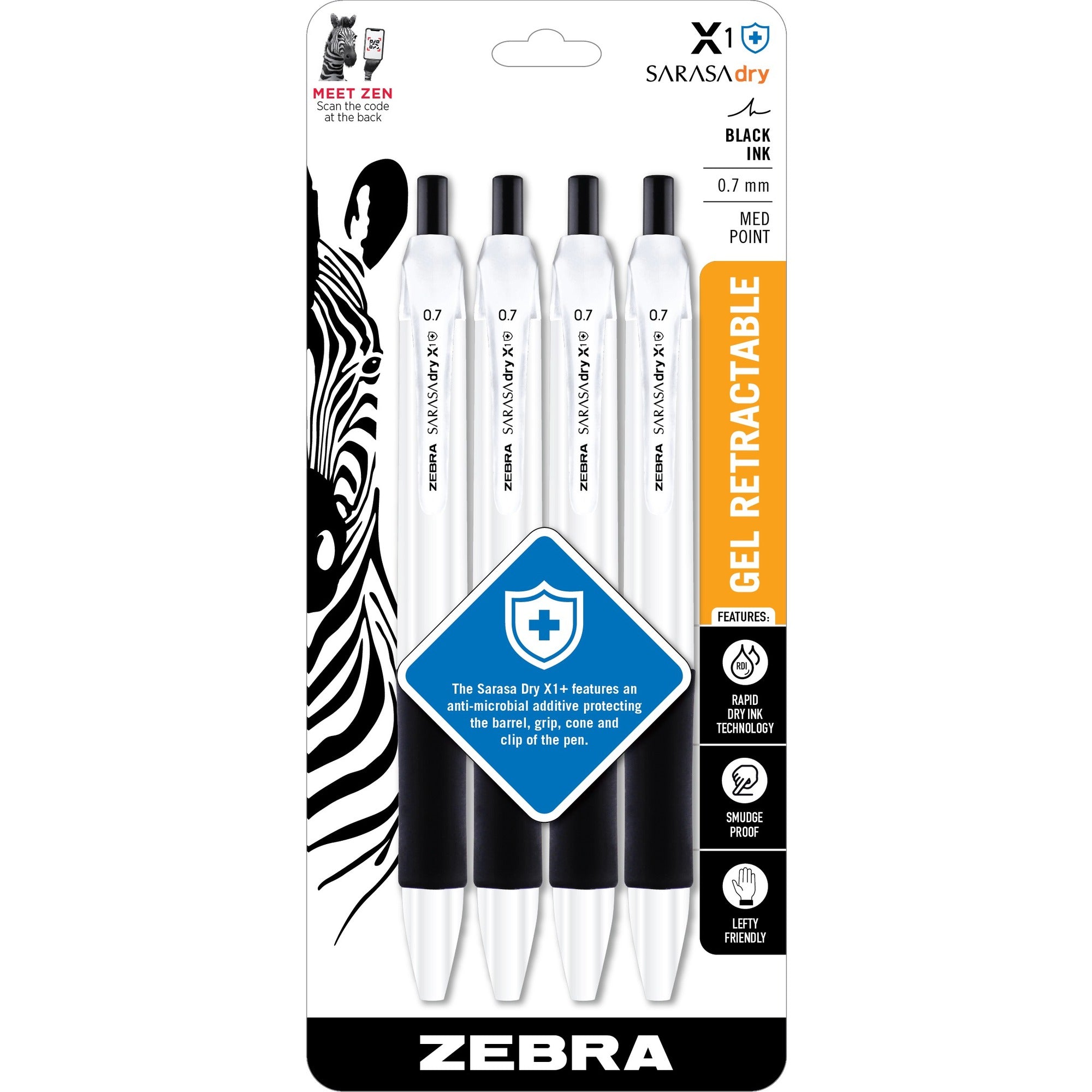 zebra-pen-sarasa-dry-x1+-gel-retractable-antimicrobial-pen-medium-pen-point-07-mm-pen-point-size-refillable-retractable-black-plastic-barrel-4-pack_zeb41514 - 1