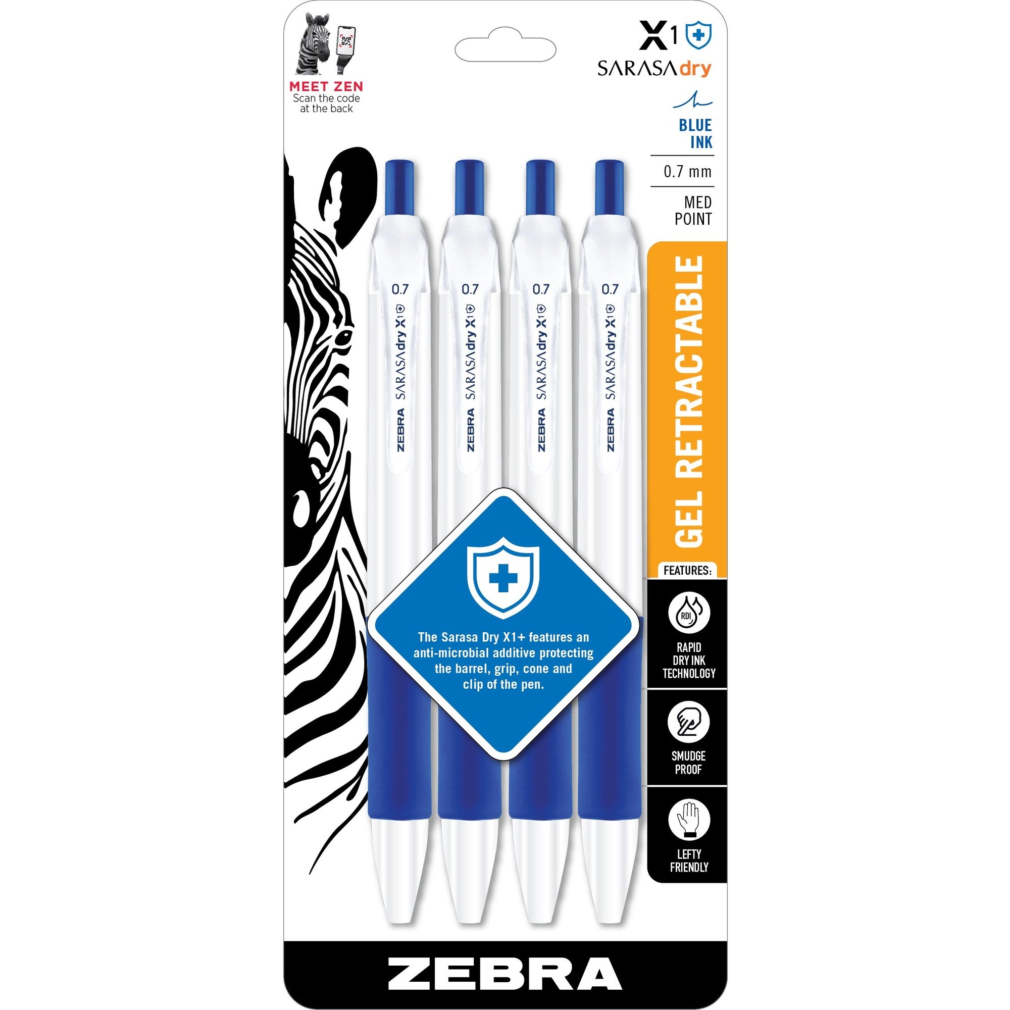 zebra-pen-sarasa-dry-x1+-gel-retractable-antimicrobial-pen-medium-pen-point-07-mm-pen-point-size-refillable-retractable-blue-plastic-barrel-4-pack_zeb41524 - 1