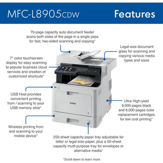 MFC-L8905CDW Color Laser All-in-One Printer, Copy/Fax/Print/Scan