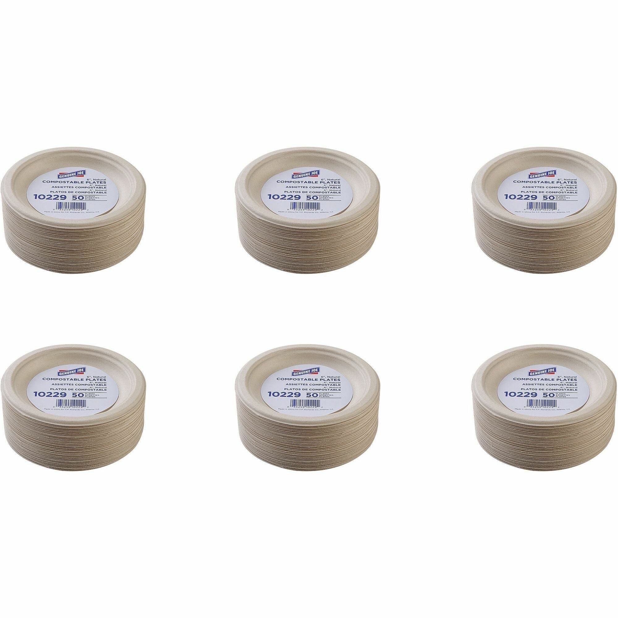 Genuine Joe 6" Compostable Plates - 50 / Pack - Breakroom, Office - Disposable - White, Natural - Sugarcane Body - 20 / Carton