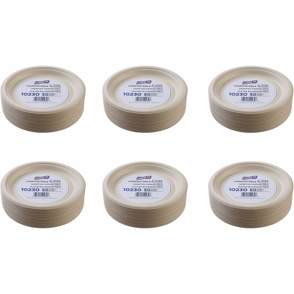genuine-joe-9-compostable-plates-50-pack-breakroom-office-disposable-white-natural-sugarcane-body-10-carton_gjo10230ct - 1
