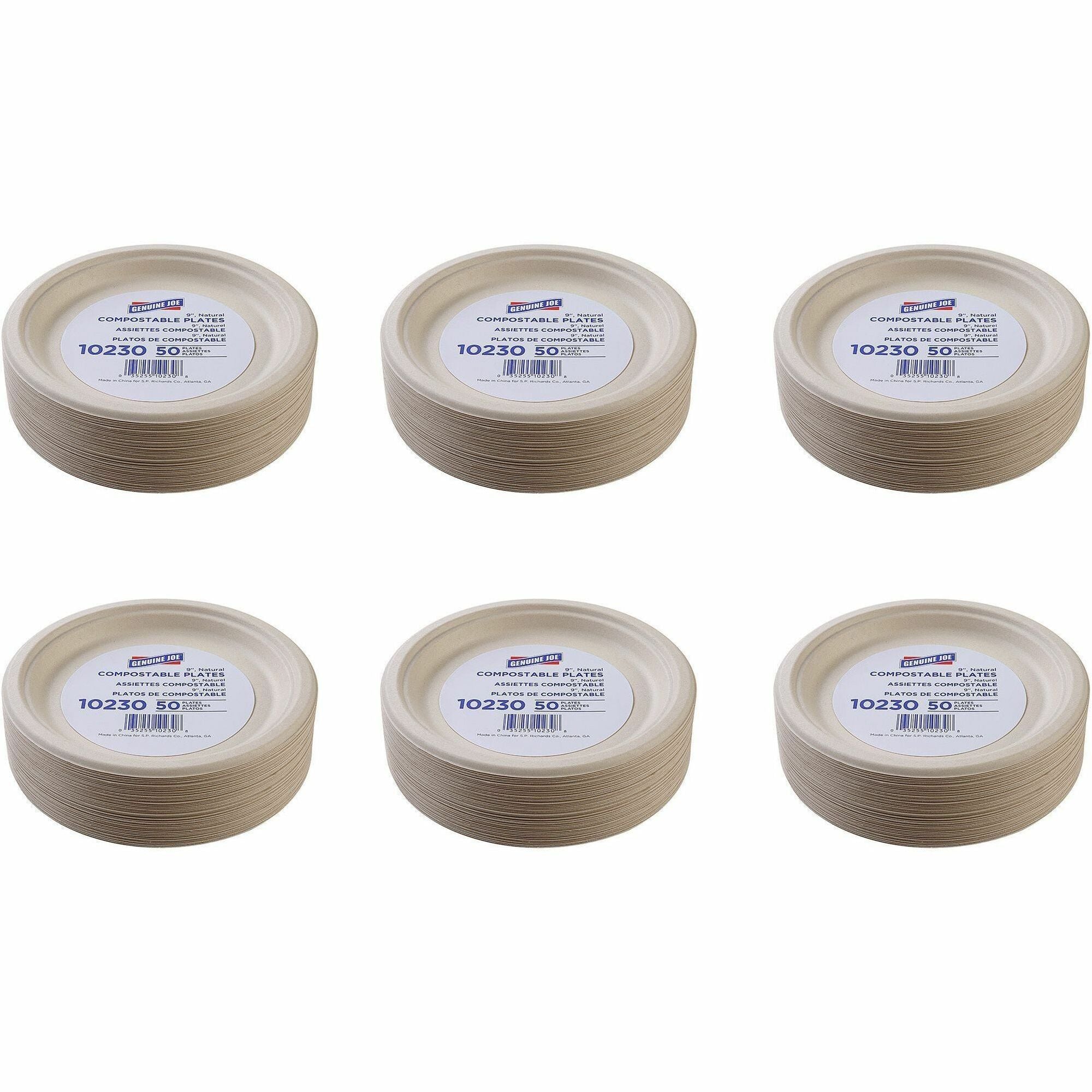 genuine-joe-9-compostable-plates-50-pack-breakroom-office-disposable-white-natural-sugarcane-body-10-carton_gjo10230ct - 1