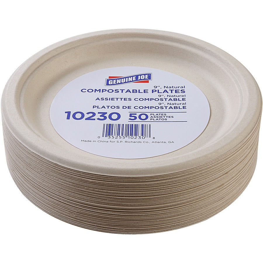 genuine-joe-9-compostable-plates-50-pack-breakroom-office-disposable-white-natural-sugarcane-body-10-carton_gjo10230ct - 3