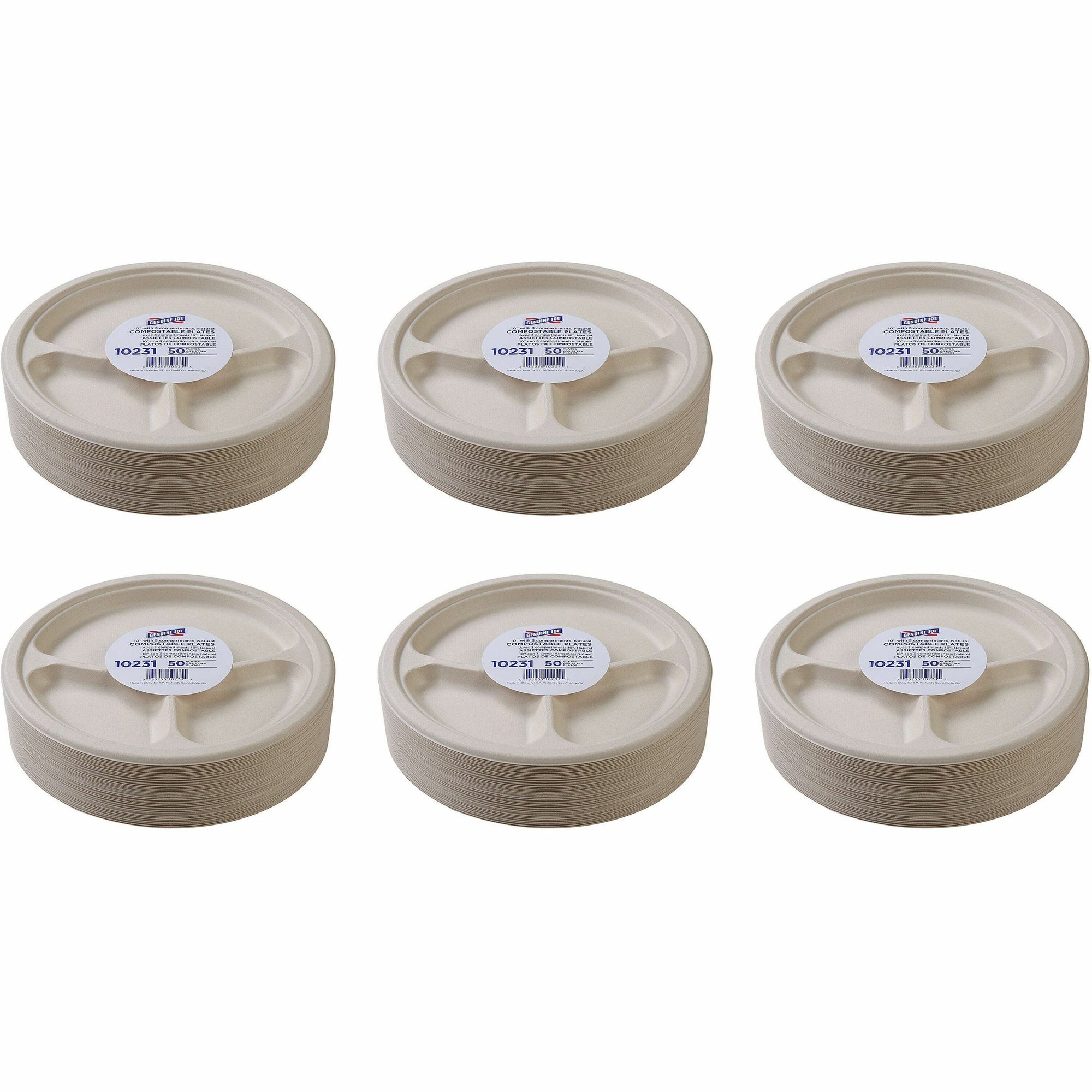 genuine-joe-10-3-compartment-compostable-plates-50-pack-breakroom-office-disposable-white-natural-sugarcane-body-10-carton_gjo10231ct - 1