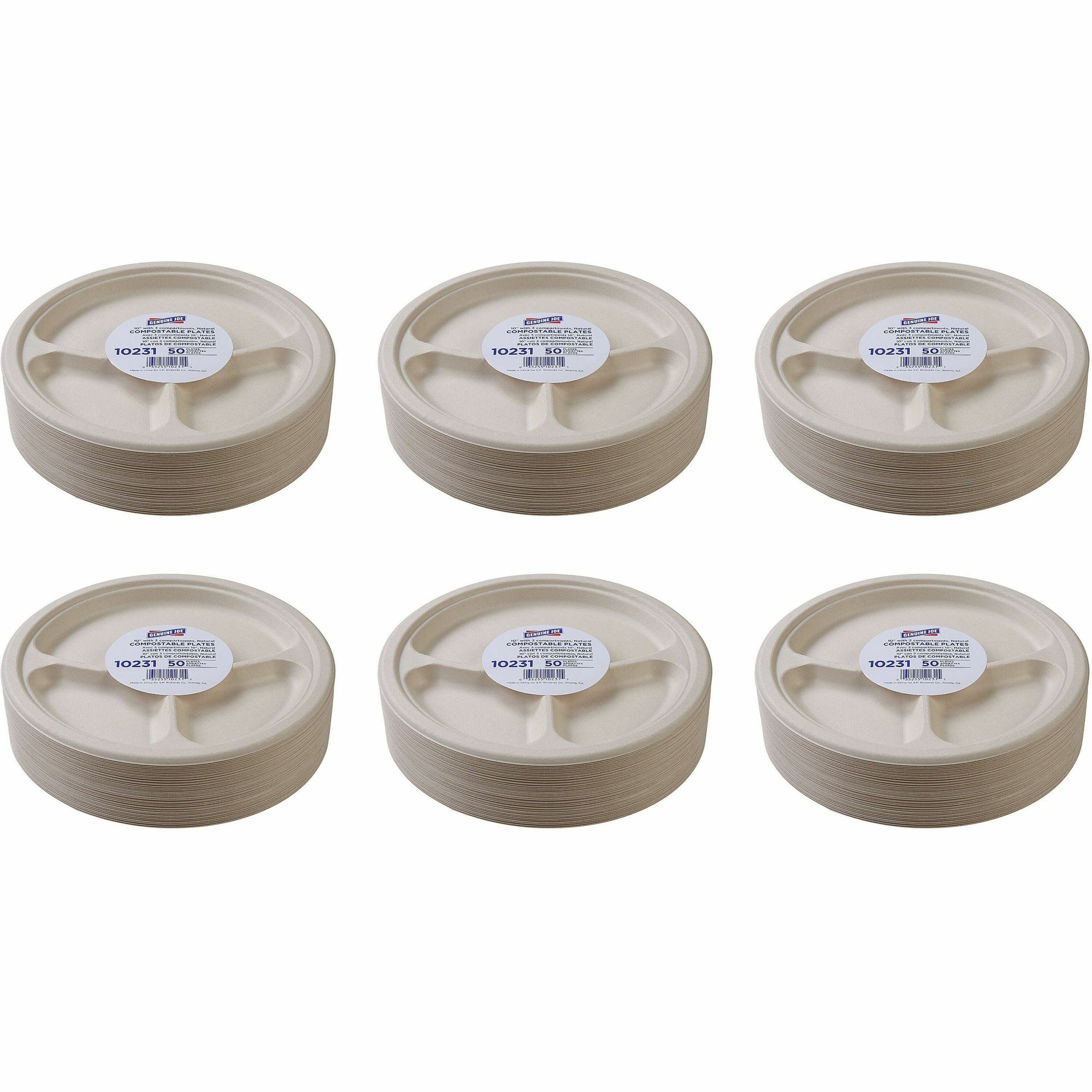 genuine-joe-10-3-compartment-compostable-plates-50-pack-breakroom-office-disposable-white-natural-sugarcane-body-10-carton_gjo10231ct - 1
