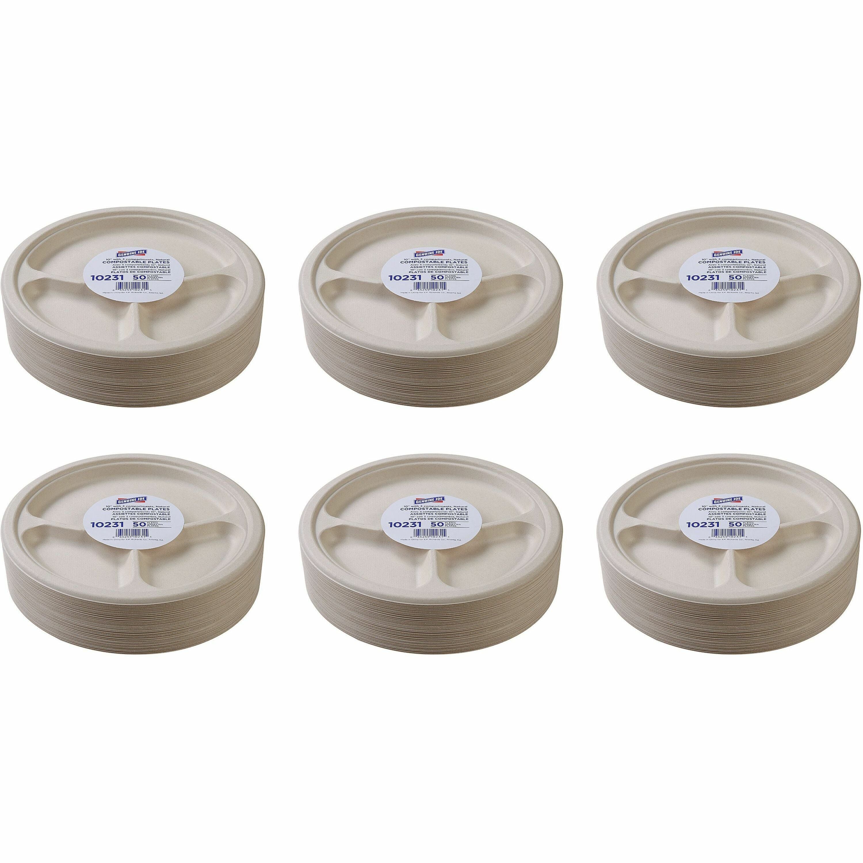 genuine-joe-10-3-compartment-compostable-plates-50-pack-breakroom-office-disposable-white-natural-sugarcane-body-10-carton_gjo10231ct - 1