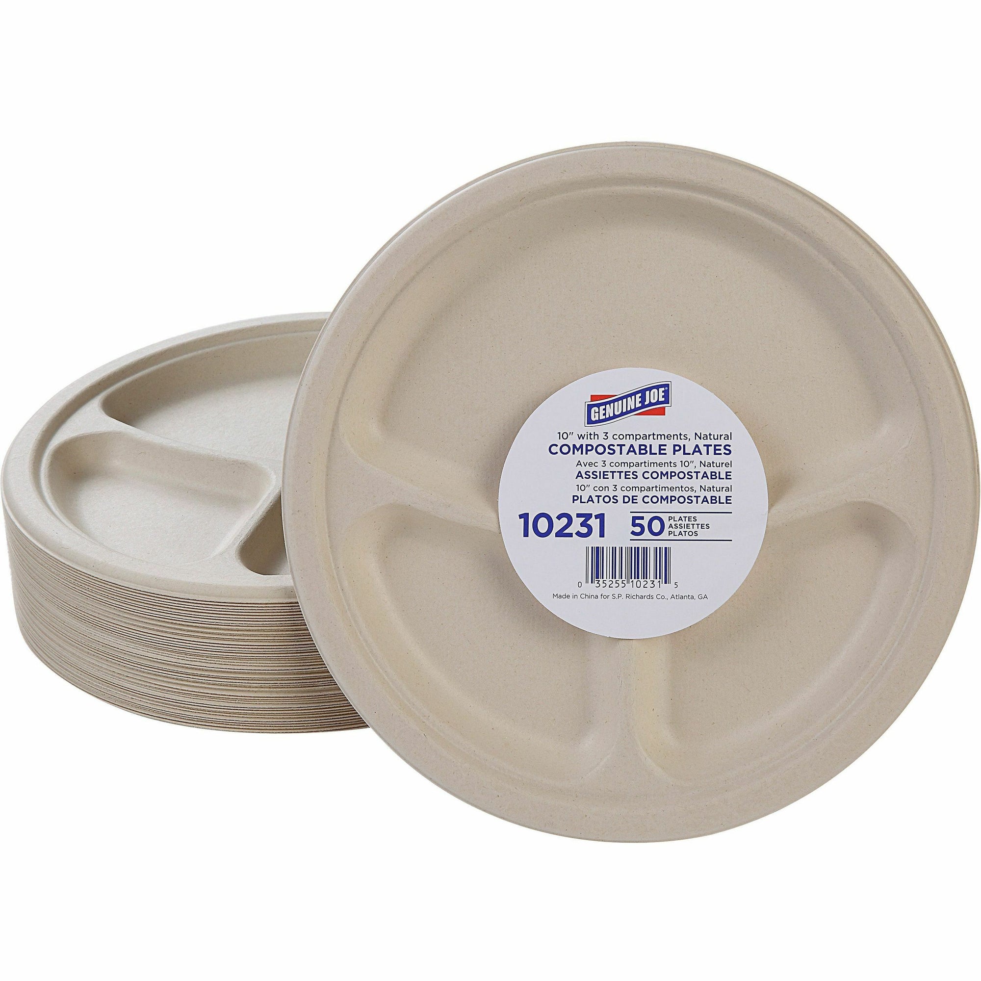genuine-joe-10-3-compartment-compostable-plates-50-pack-breakroom-office-disposable-white-natural-sugarcane-body-10-carton_gjo10231ct - 2