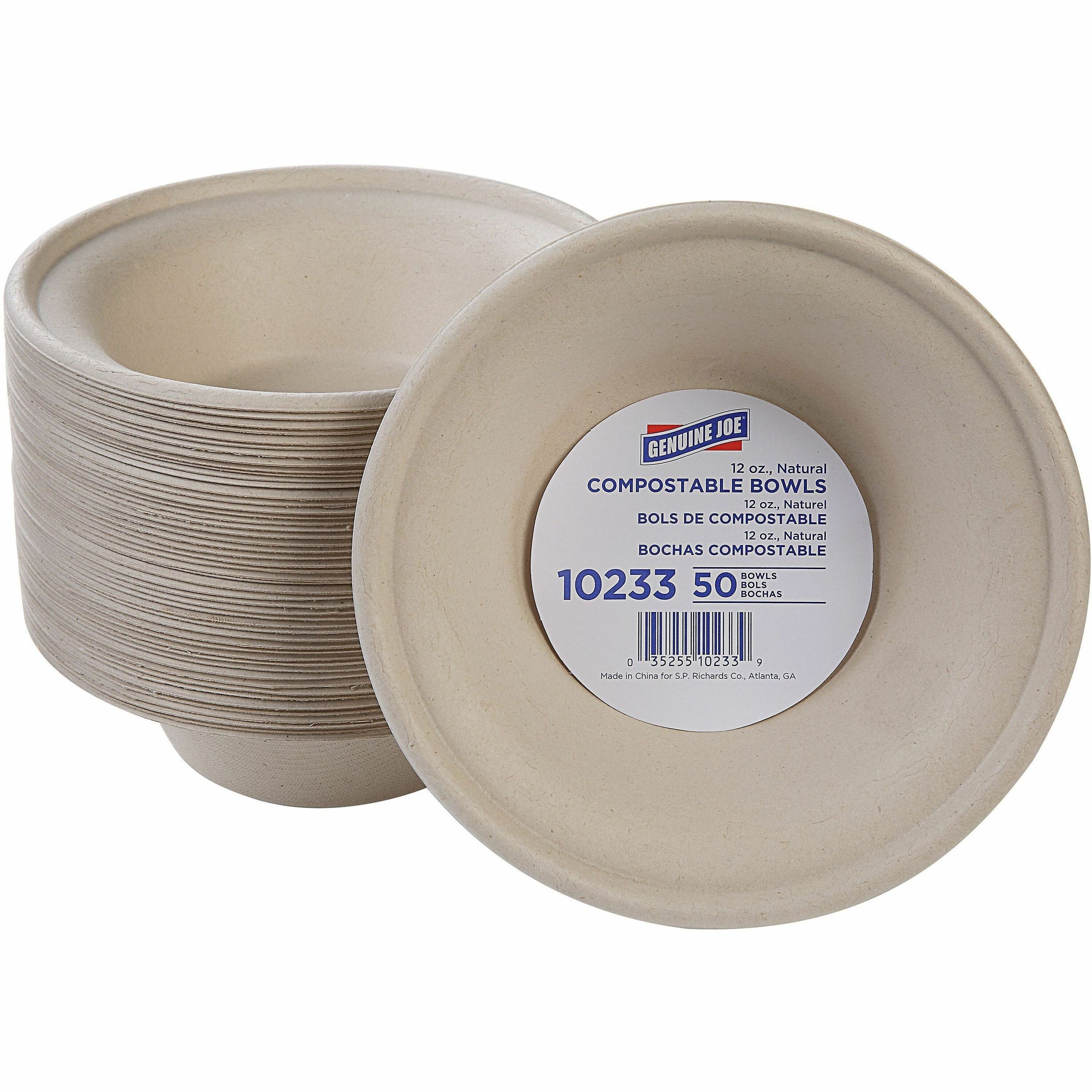 Genuine Joe 12 oz Compostable Bowls - Breakroom, Office - Disposable - White, Natural - Sugarcane Body - 50 / Pack