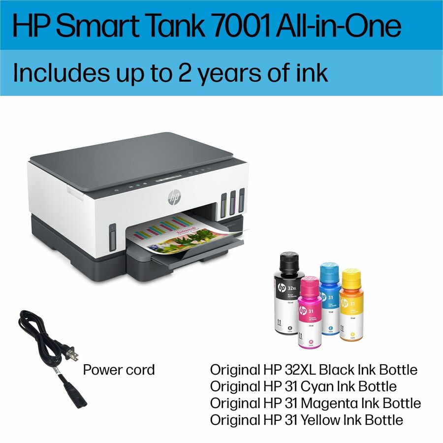 HP Smart Tank 7001 Wireless Inkjet Multifunction Printer - Color - White - Copier/Printer/Scanner - 4800 x 1200 dpi Print - Automatic Duplex Print - Up to 5000 Pages Monthly - Color Flatbed Scanner - 1200 dpi Optical Scan - Wireless LAN - Apple AirPr