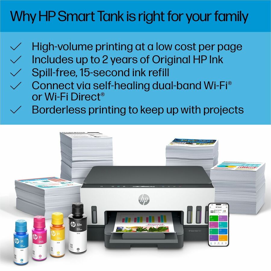 HP Smart Tank 7001 Wireless Inkjet Multifunction Printer - Color - White - Copier/Printer/Scanner - 4800 x 1200 dpi Print - Automatic Duplex Print - Up to 5000 Pages Monthly - Color Flatbed Scanner - 1200 dpi Optical Scan - Wireless LAN - Apple AirPr