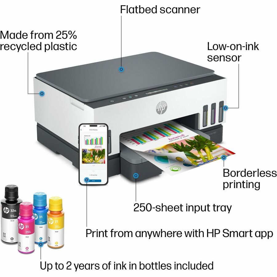 HP Smart Tank 7001 Wireless Inkjet Multifunction Printer - Color - White - Copier/Printer/Scanner - 4800 x 1200 dpi Print - Automatic Duplex Print - Up to 5000 Pages Monthly - Color Flatbed Scanner - 1200 dpi Optical Scan - Wireless LAN - Apple AirPr