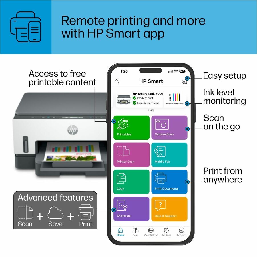 HP Smart Tank 7001 Wireless Inkjet Multifunction Printer - Color - White - Copier/Printer/Scanner - 4800 x 1200 dpi Print - Automatic Duplex Print - Up to 5000 Pages Monthly - Color Flatbed Scanner - 1200 dpi Optical Scan - Wireless LAN - Apple AirPr