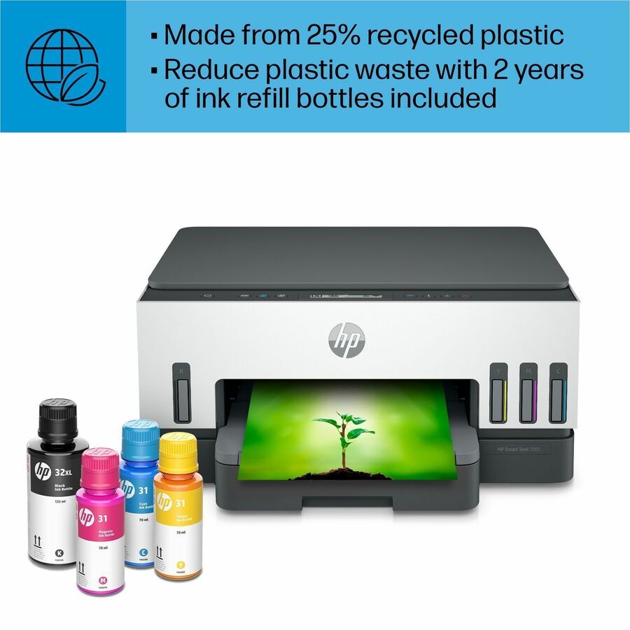 HP Smart Tank 7001 Wireless Inkjet Multifunction Printer - Color - White - Copier/Printer/Scanner - 4800 x 1200 dpi Print - Automatic Duplex Print - Up to 5000 Pages Monthly - Color Flatbed Scanner - 1200 dpi Optical Scan - Wireless LAN - Apple AirPr
