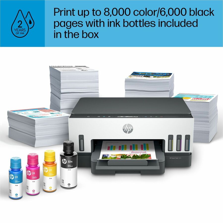 HP Smart Tank 7001 Wireless Inkjet Multifunction Printer - Color - White - Copier/Printer/Scanner - 4800 x 1200 dpi Print - Automatic Duplex Print - Up to 5000 Pages Monthly - Color Flatbed Scanner - 1200 dpi Optical Scan - Wireless LAN - Apple AirPr